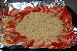 Aleia's Italian gluten free bread crumbs sprinkled (generously!) over chicken and tomatoes.