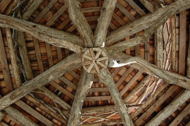 ceiling of rustic pavilion at Tower Hill Botanic Garden